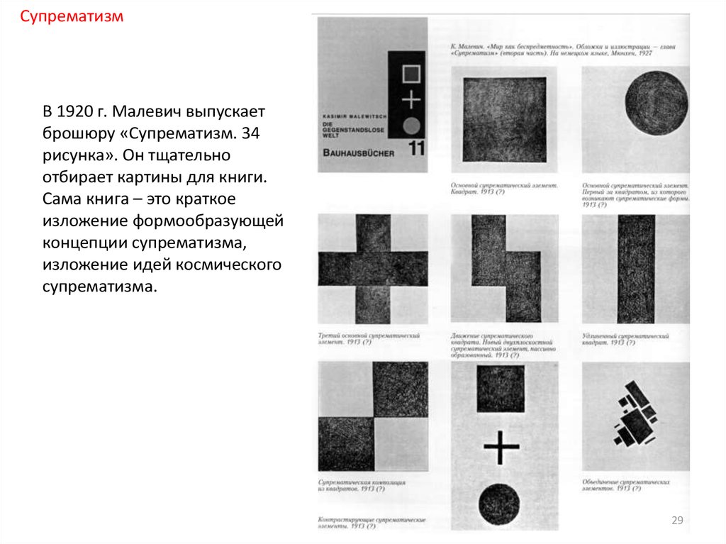 В 1920 г. Малевич выпускает брошюру «Супрематизм. 34 рисунка». Он тщательно отбирает картины для книги. Сама книга – это