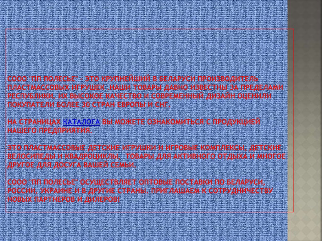 СООО "ПП Полесье" – это крупнейший в Беларуси производитель пластмассовых игрушек .Наши товары давно известны за пределами