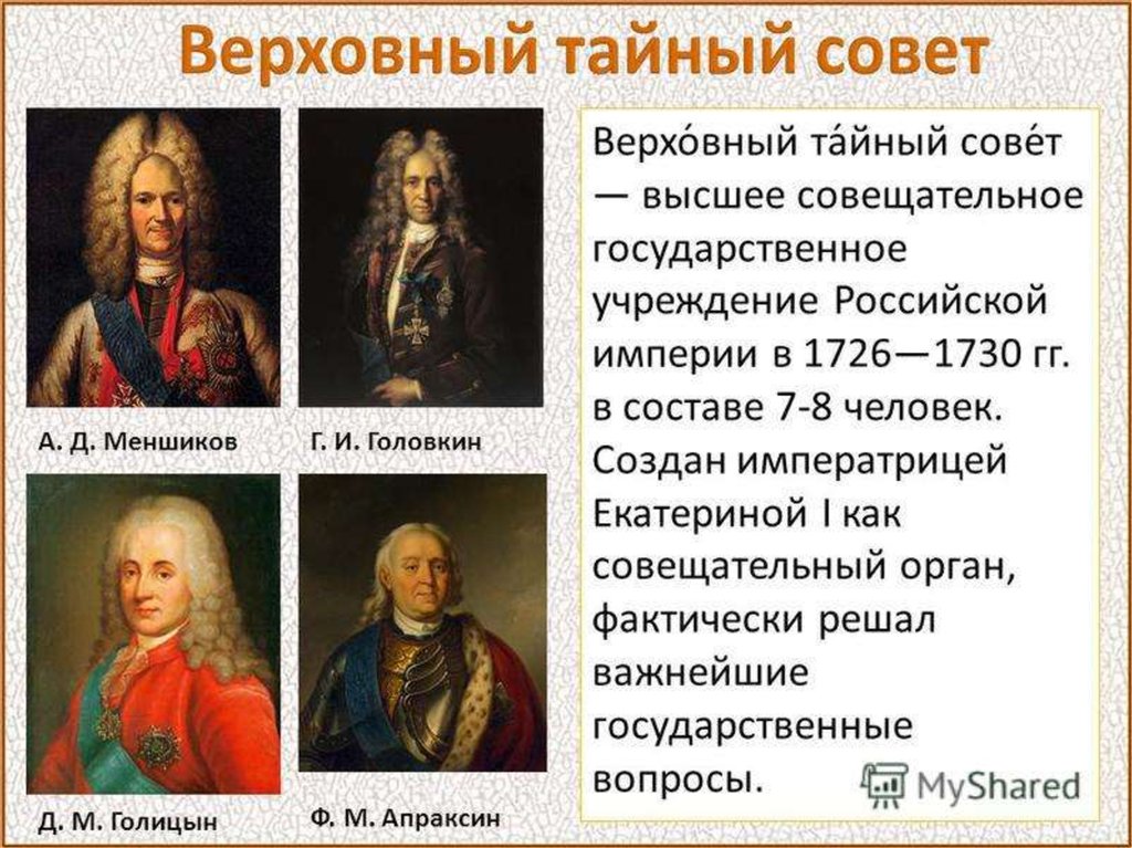 Верховный тайный совет 1726-1730. Верховный тайный совет дворцовые перевороты. Состав Верховного Тайного совета 1730.