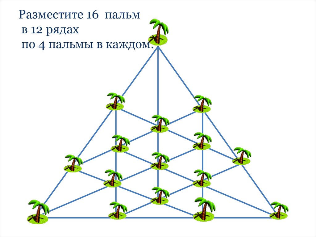 Рядом 12. Разместите 16 пальм в 12 рядах по 4 пальмы в каждом.