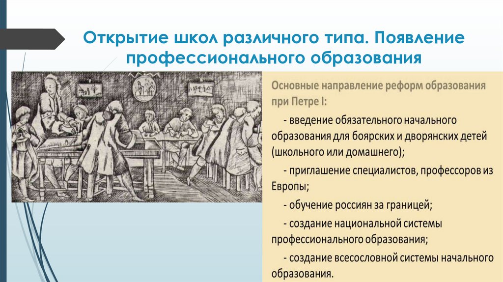 Появились профессиональные. Петровская эпоха в истории русской культуры презентация. Цель воспитания в Петровскую эпоху. Петровская эпоха виды школ. Как представляется образование в Петровскую эпоху картинки.