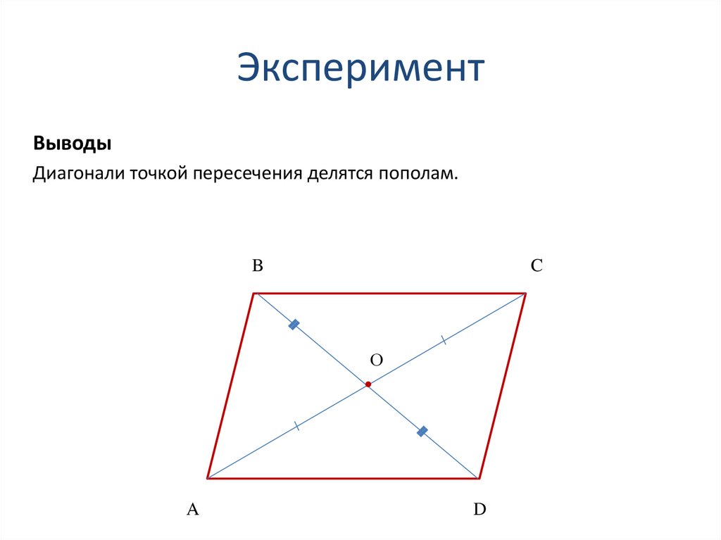 Диагонали точкой пересечения делятся пополам