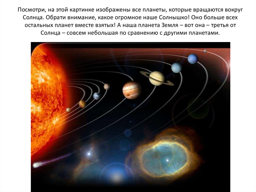 Посмотри, на этой картинке изображены все планеты, которые вращаются вокруг Солнца. Обрати внимание, какое огромное наше