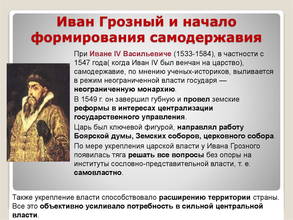 После падения царской власти стали создаваться органы. Правление Ивана Грозного 1547. Самодержавие Ивана Грозного.