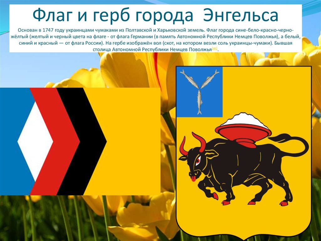 Флаг и герб города Энгельса Основан в 1747 году украинцами чумаками из Полтавской и Харьковской земель. Флаг города