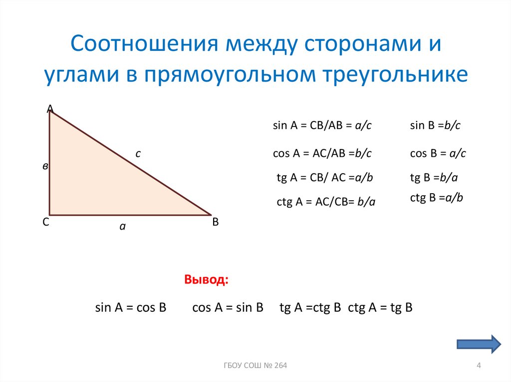 Как решать соотношения между сторонами и углами в прямоугольном треугольнике