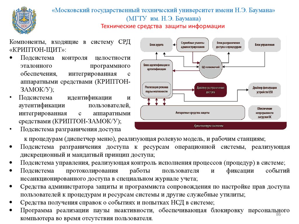 Процедура пользователя. МГТУ Баумана презентация. Подсистема контроля целостности «Криптон». НОМТЦ МГТУ. Подсистем входит в систему технических средств.