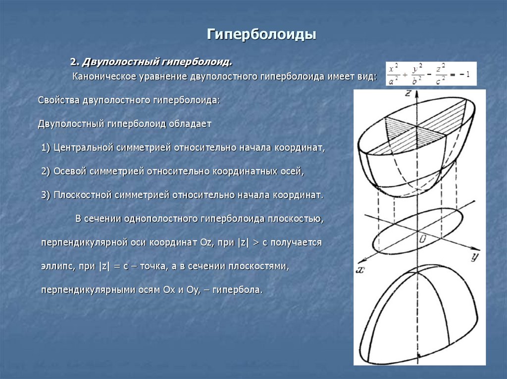 Виды поверхностей. Двуполостный Гиперболоид поверхность второго порядка. Уравнение двуполосного параболоида. Двуполостный Гиперболоид вращения уравнение. Многополосный Гиперболоид.