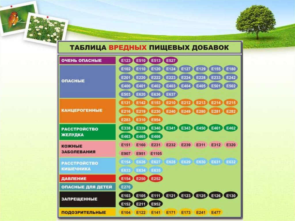 Таблица вредных добавок