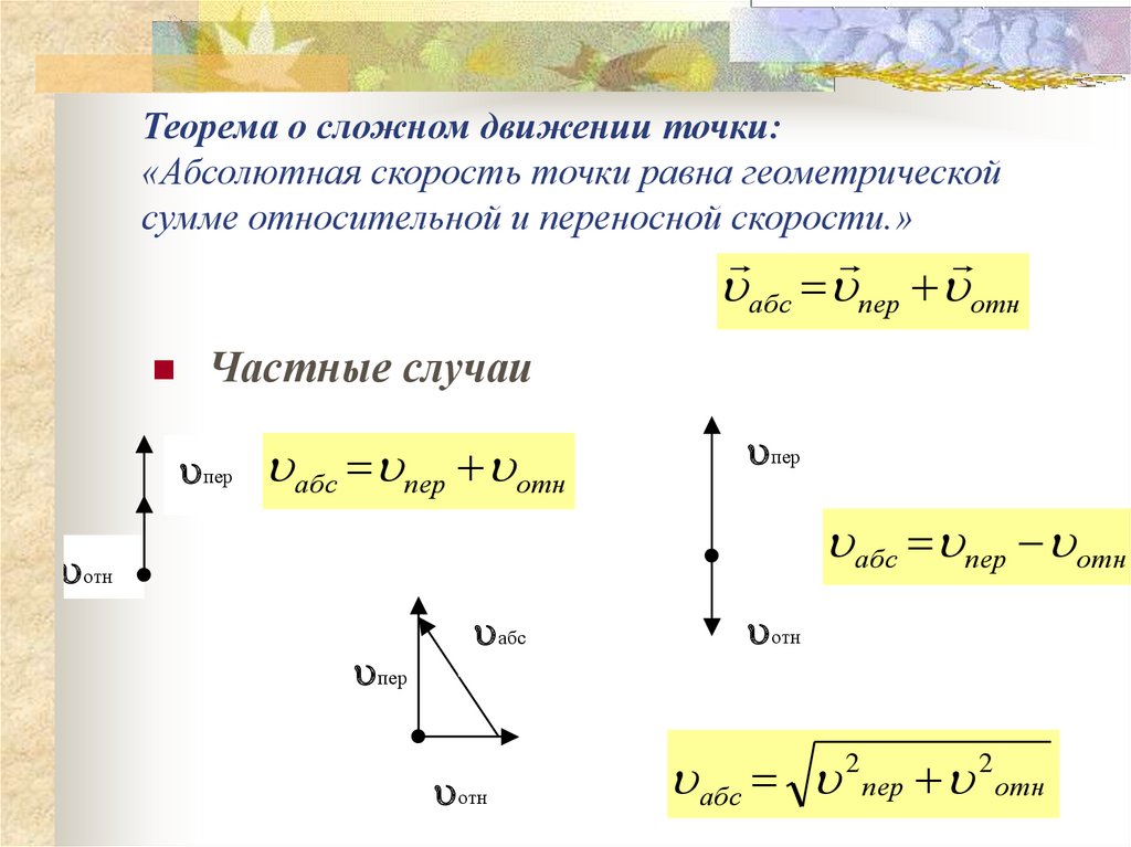 В каком случае движение. Сложное движение точки формулы. Абсолютная скорость точки формула. Уравнение сложного движения точки. Формула относительной скорости теоретическая механика.