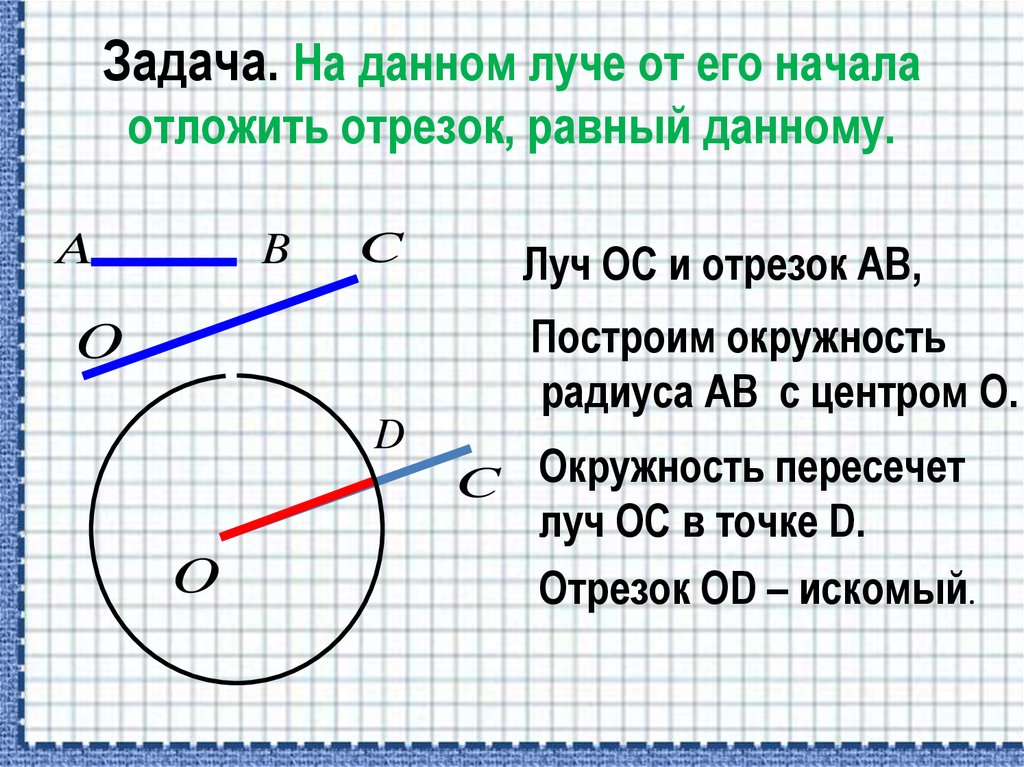 Отрезок равный данному. На данном Луче от его начала отложить отрезок равный данному. Задача на данном Луче от его начала отложить отрезок равный данному. Задачи на построение отрезка равного данному. Отложить на данном Луче от его начала отрезок равный данному отрезку.