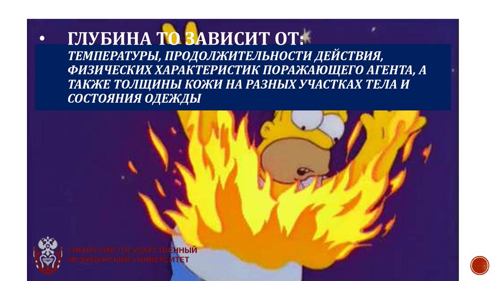 Глубина ТО зависит от: температуры, продолжительности действия, физических характеристик поражающего агента, а также толщины