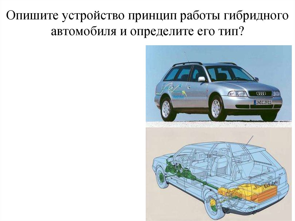 Опишите устройство принцип работы гибридного автомобиля и определите его тип?