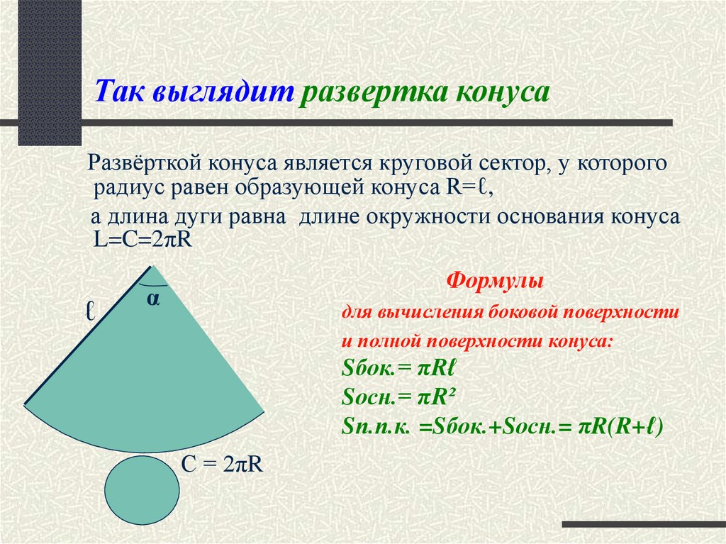 Длина окружности конуса равна. Формула боковой развертки конуса. Угол сектора развертки конуса. Развёртка конуса формула боковой поверхности. Длина окружности конуса.