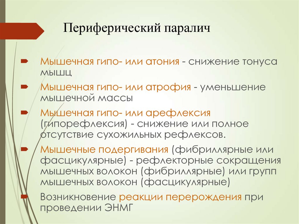 Для клинической картины периферического паралича характерно в логопедии