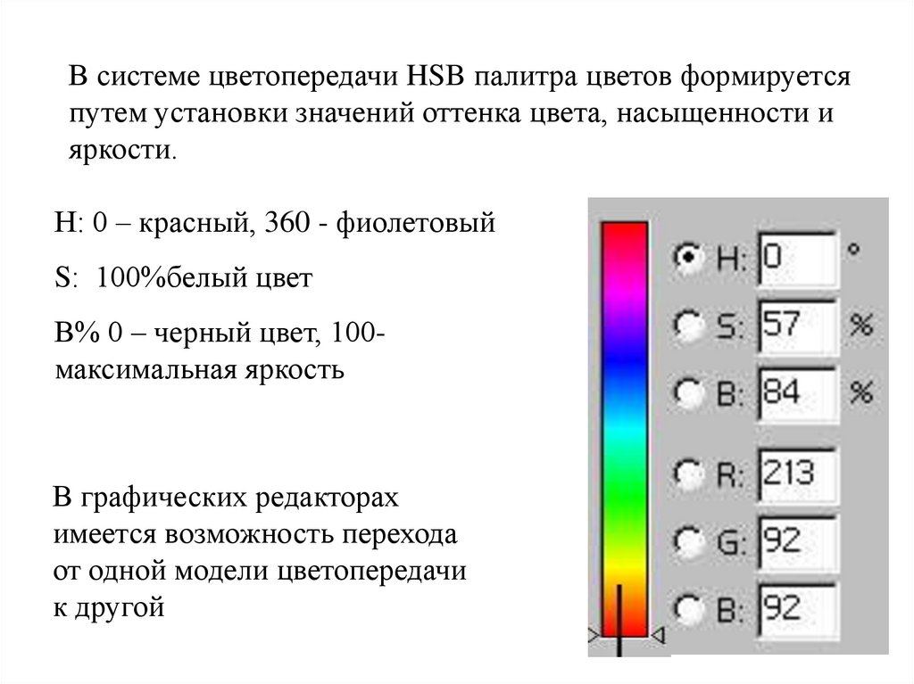 В системе цветопередачи HSB палитра цветов формируется путем установки значений оттенка цвета, насыщенности и яркости.