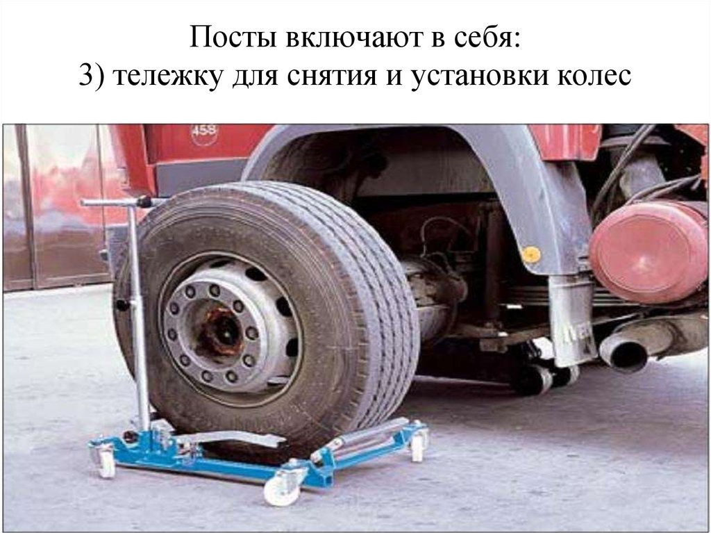 Посты включают в себя: 3) тележку для снятия и установки колес