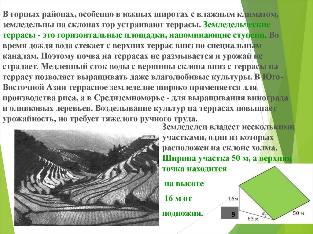 Земледелец решил устроить террасы на своем участке. В горных районах особенно в южных широтах. Земледельческие террасы в горных районах. В горных районах особенно в южных широтах с влажным климатом. Склон и терраса ОГЭ.