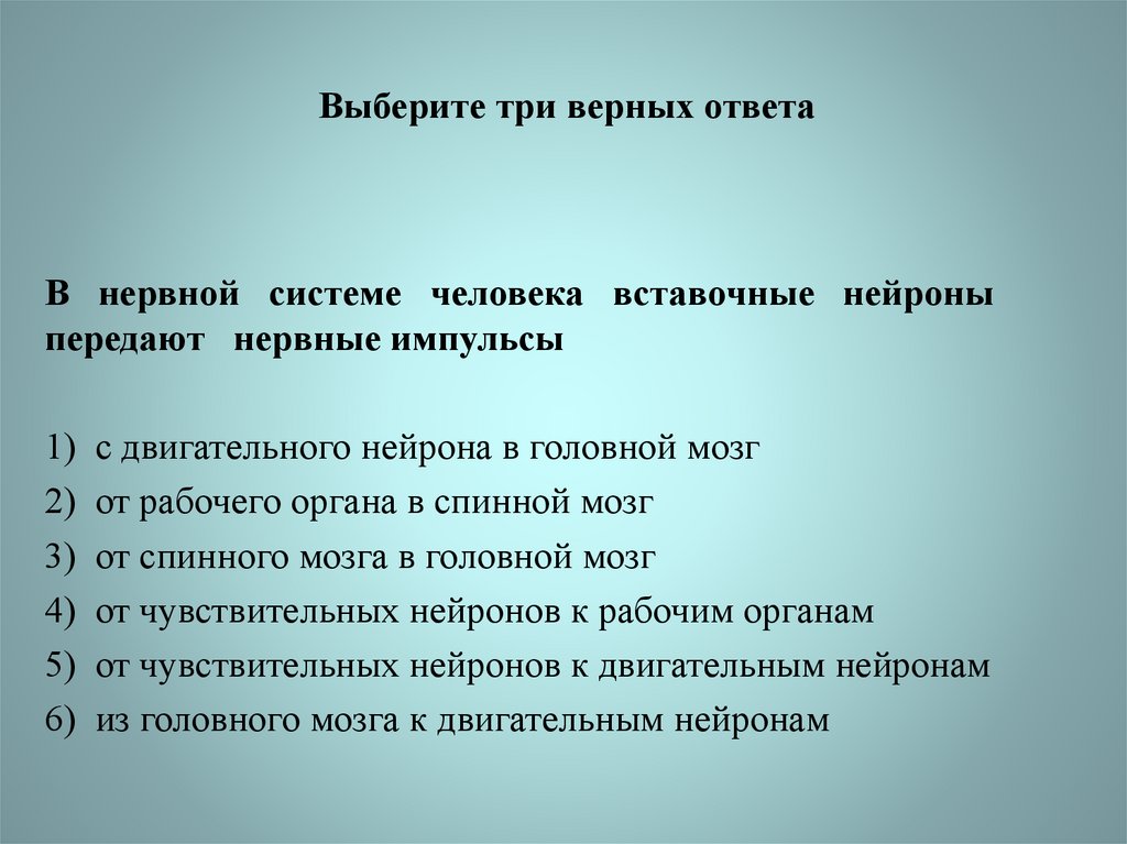 Выберите 3 верных фактора. Вставочные Нейроны передают импульсы от. В нервной системе человека вставочные Нейроны передают нервные. Вставочные Нейроны спинного мозга передают нервные импульсы. Нервные импульсы передаются в мозг по нейронам двигательным.