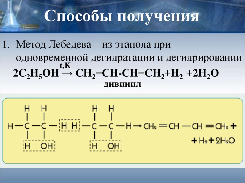 Реакция лебедева получение. Метод Лебедева алкадиены. Дегидратация алкадиенов. Способы получения бутадиена. Дегидратация и дегидрирование этанола.