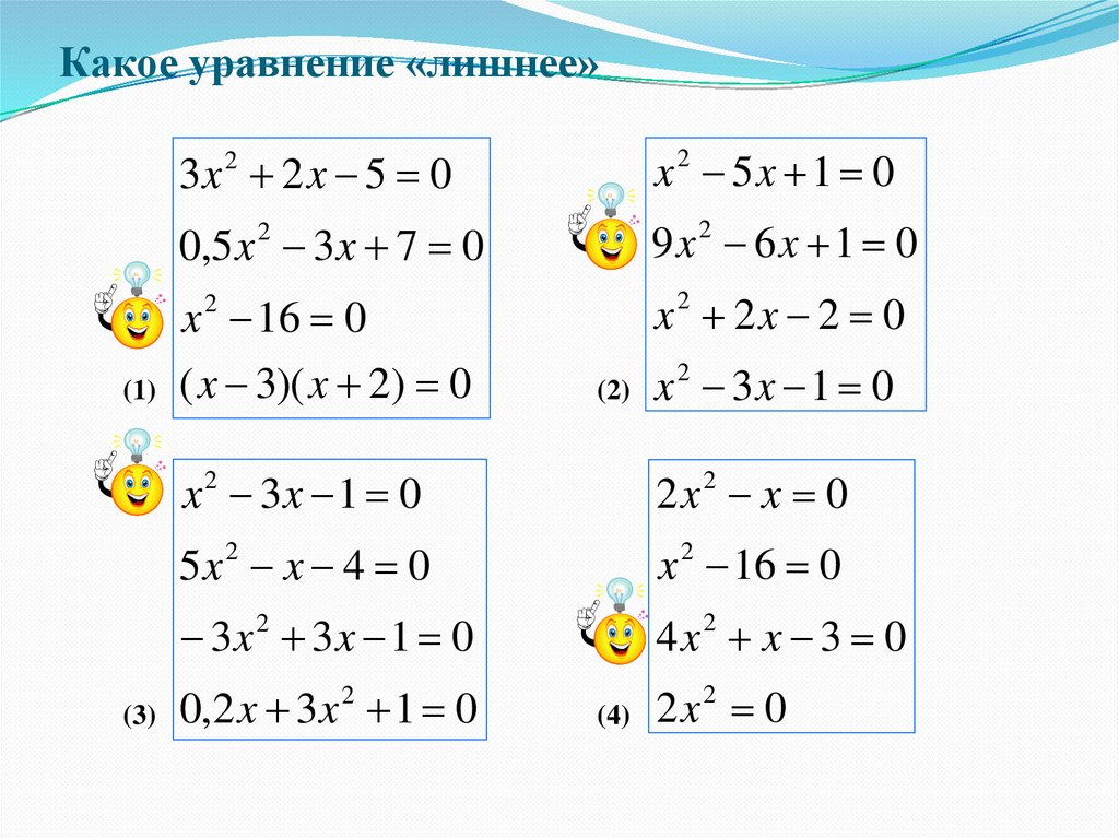 Какое уравнение. Какие есть уравнения. Виды квадратных уравнений и способы их решения презентация. Реши Найди лишнее уравнение. Какое будет уравнение х-8=6.