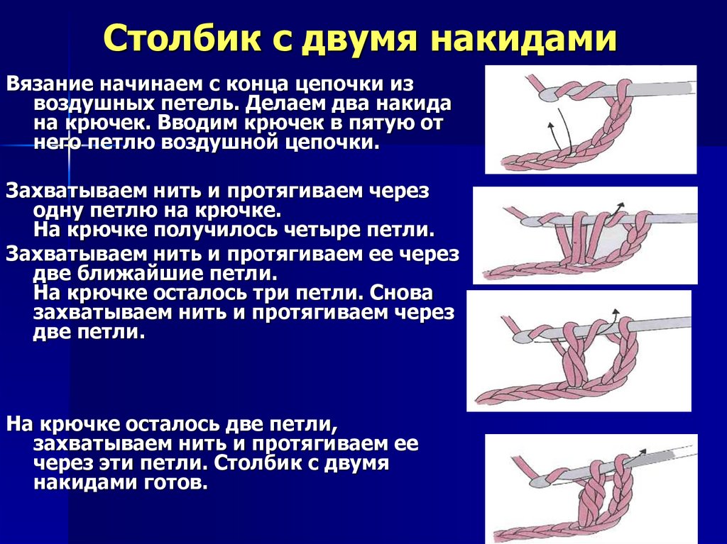 Как вязать столбик с 3 накидами. Вязание крючком столбик с 2 накидами. Вязание крючком столбик с двумя накидами. Столбик с двумя накидами крючком как вязать. Вывязывание столбика с двумя накидами.