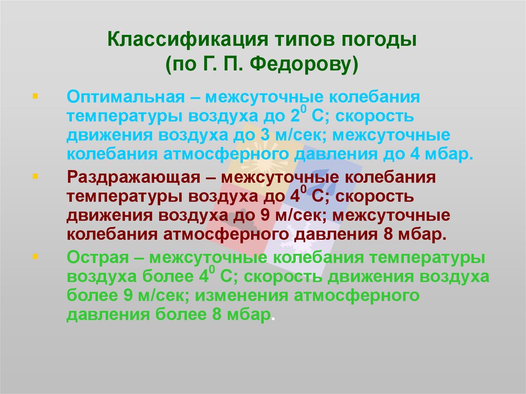 Выделяют 2 типа погоды. Классификация погоды. Классификация типов погоды по Федорову. Клинические типы погоды. Медицинская классификация типов погоды.