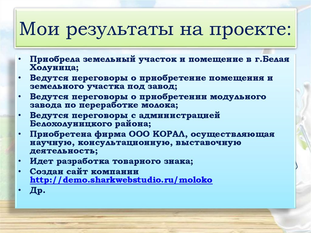 Мои результаты на проекте: