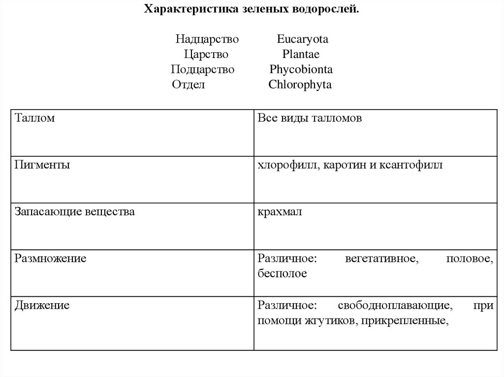 Признаки зеленых водорослей 7 класс