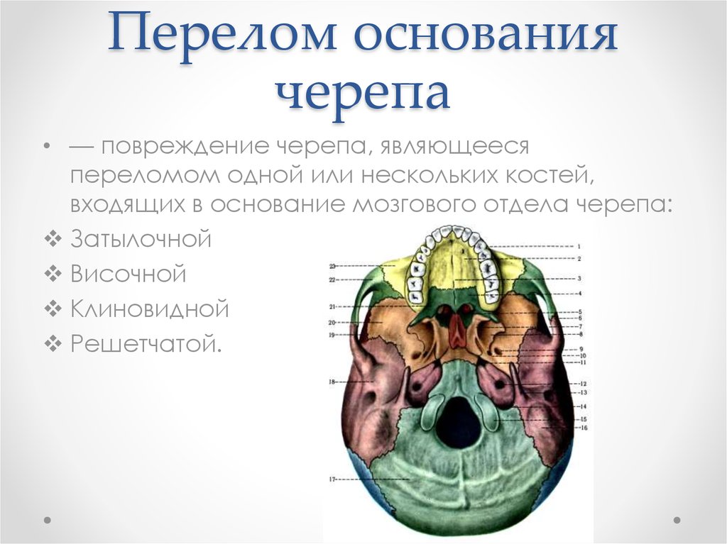 Перелом основания свода. Перелом костей основания черепа с повреждением продолговатого мозга. Для перелома основания черепа характерен симптом:. Клинические признаки перелома основания черепа. Основной симптом при переломе основания черепа.