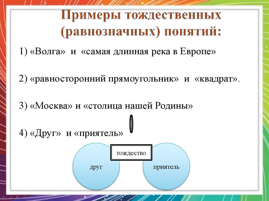 3 примера понятия. Тождественные понятия примеры. Равнозначные понятия примеры. Отношение тождества. Понятия в отношении тождества.