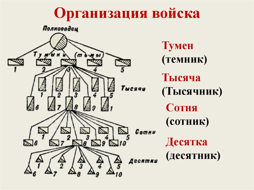 Перед тобой схема структуры монгольской армии впиши название самой крупной тактической единицы