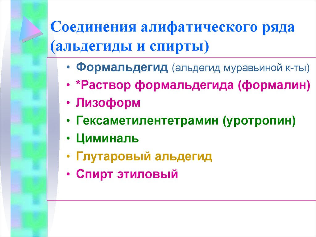 Средства соединения. Алифатические соединения препараты. Соединения алифатического ряда. Антисептик алифатического ряда. Соединения алифатического ряда фармакология.