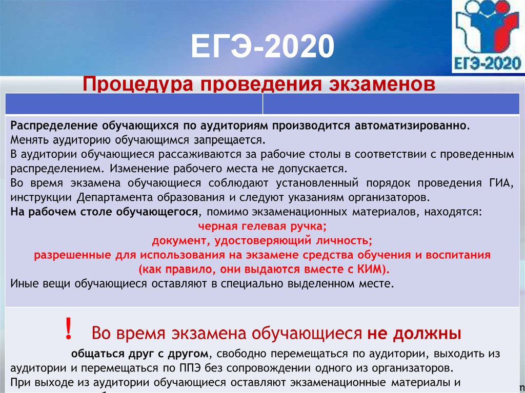 Егэ 2020. Регламент проведения ЕГЭ. Порядок сдачи ЕГЭ. Порядок проведения ЕГЭ В 2020 году.