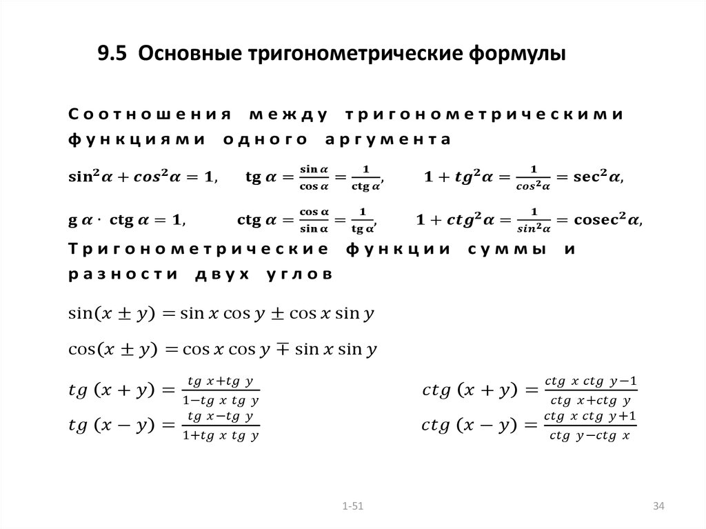 9.5 Основные тригонометрические формулы