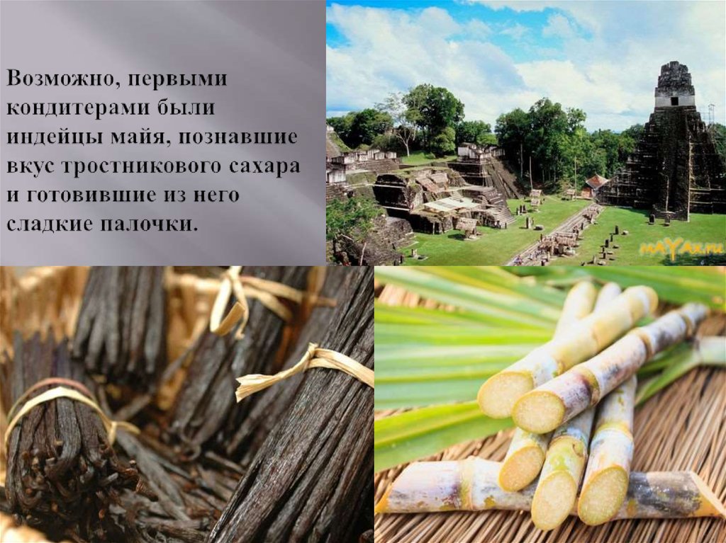 Возможно, первыми кондитерами были индейцы майя, познавшие вкус тростникового сахара и готовившие из него сладкие палочки.