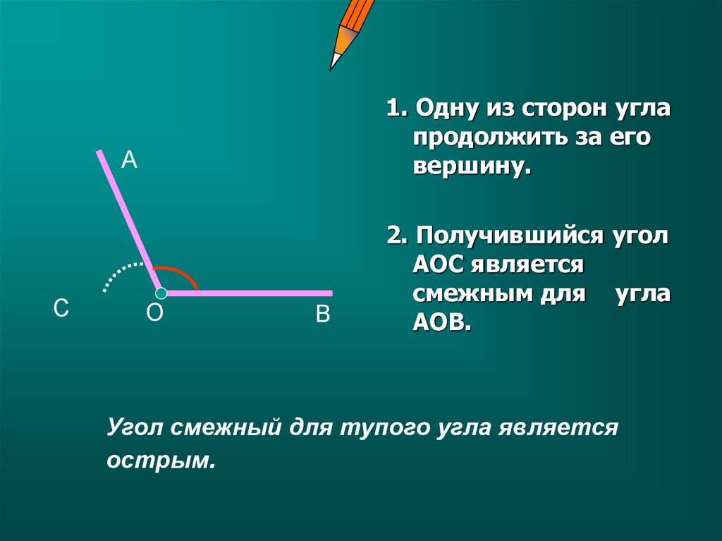 Всегда один из двух смежных углов острый. Угол. Угол АОС. Угол, вертикальный к тупому углу. Тупой смежный угол.