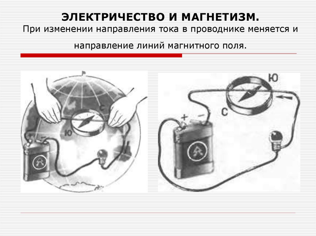 ЭЛЕКТРИЧЕСТВО И МАГНЕТИЗМ. При изменении направления тока в проводнике меняется и направление линий магнитного поля.