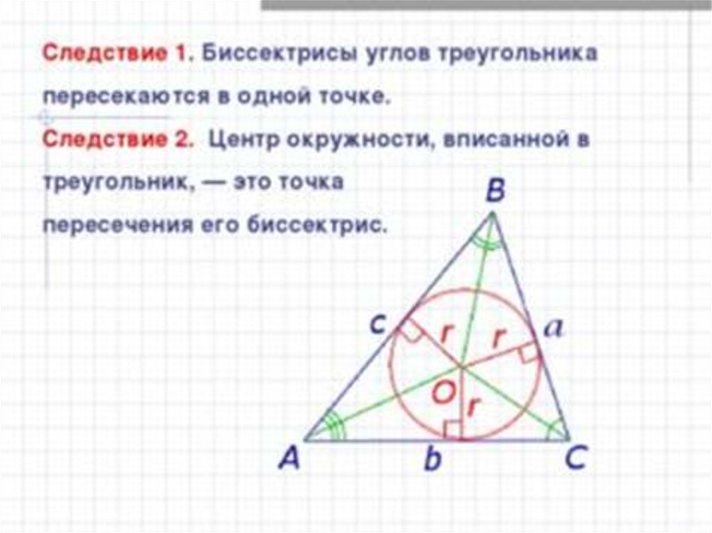 Центр вписанной окружности является точка. Биссектриса угла треугольника. Точка пересечения биссектрис треугольника. Следствие биссектрисы угла. Tochka peresechenii bissektris v Treugolnike.