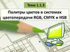 Палитры цветов в системах цветопередачи RGB, CMYK и HSB