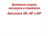 Значения синуса, косинуса и тангенса для углов 30, 45 и 60 градусов