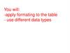 You will: - apply formating to the table - use different data types