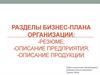 Разделы бизнес-плана организации: резюме; описание предприятия; описание продукции